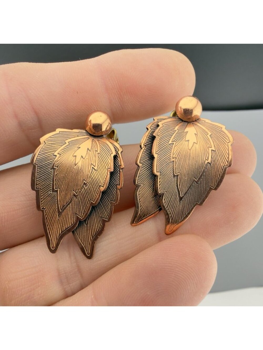 Vintage Copper Leaf Clip On Earrings Fall Autumn Chunky Boho Jewelry